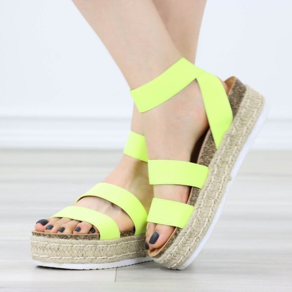 Neon Yellow Elastic Strappy Sandals Espadrille Platform Heel - Picture 8 of 14